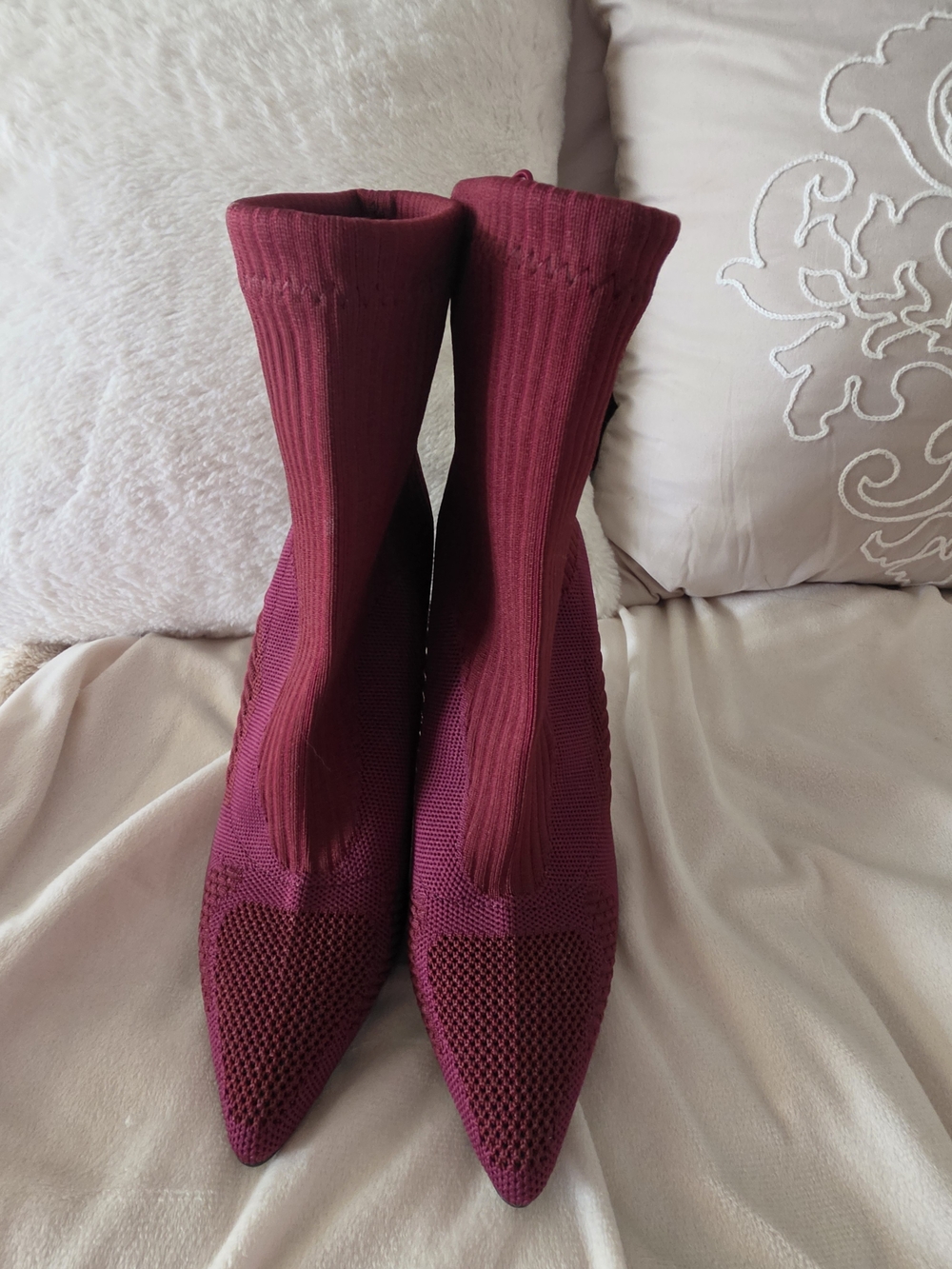 Pointed-Toe Burgundy Knit Sock Heeled Boots
